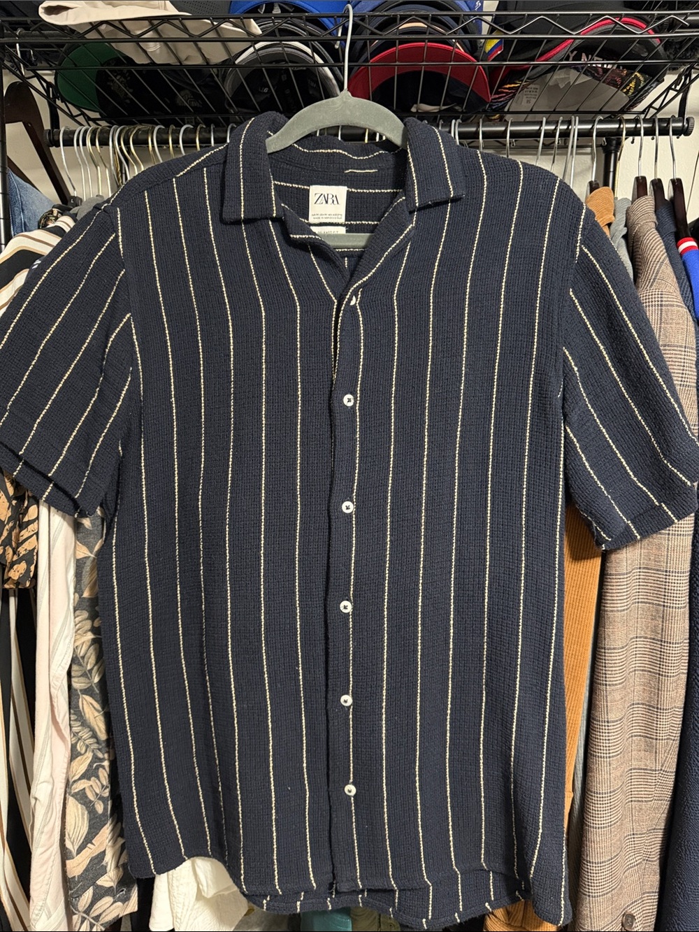 Zara Navy Short-Sleeve Button-Down with Ivory Pinstripes